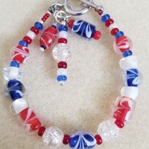 Red, white and blue glass beaded bracelet set